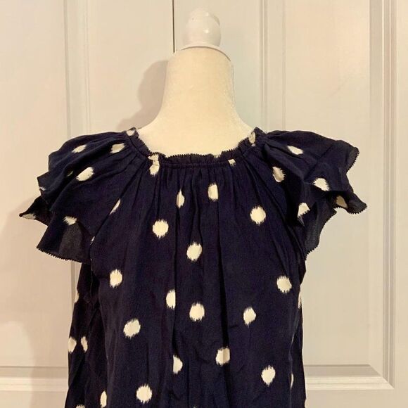 A New Day Navy Blue Circle Print Flutter Short Sleeve Rayon V Neck Top Small New - Picture 8 of 9